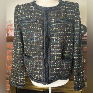 Tahari Metallic Tweed Jacket w/Navy Eyelash Fringe